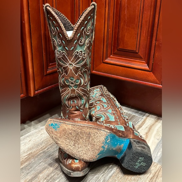 Lane Robin Brown Turquoise Floral Cowboy Boots Birds RARE Wedding Rodeo Cowgirl - Picture 6 of 7